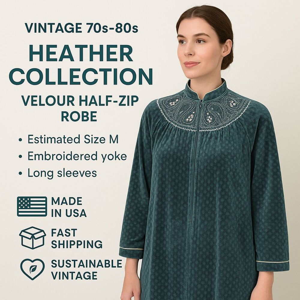 Vintage Heather Velour Robe Half Zip Embroidered USA 70s 80s Dark Teal M